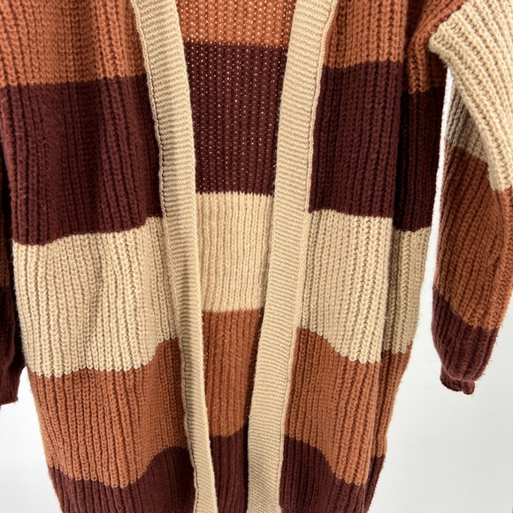 Pink Lily brown striped long open front cardigan neutral fall M casual knit - Picture 3 of 8